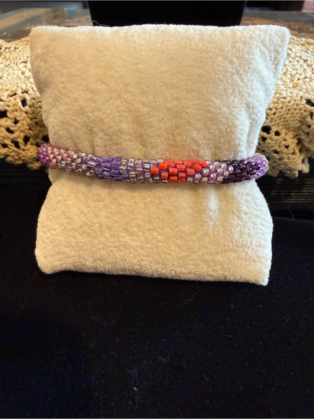 Handmade Purple seed Beaded Bracelet with Orange Accent